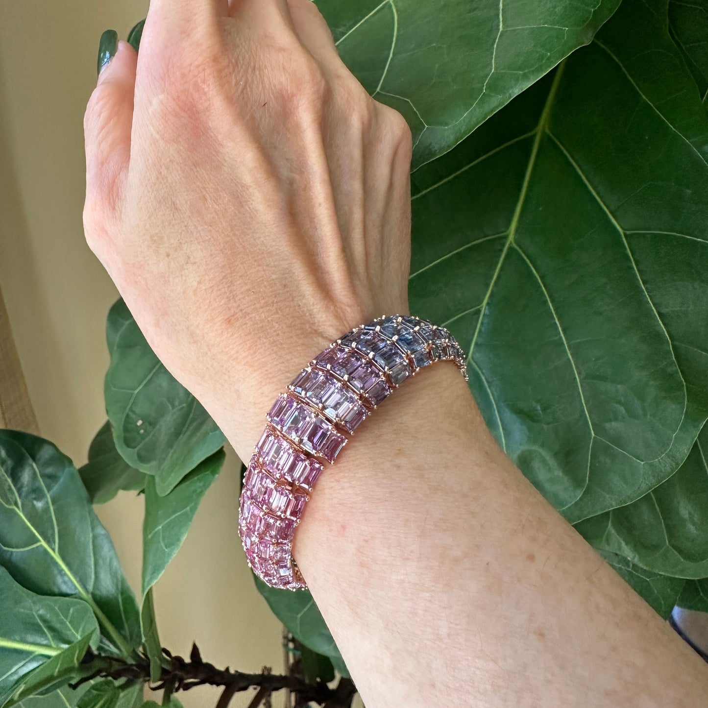 Heated Sapphire and Diamond Cuff Bracelet 18k Rose Gold 