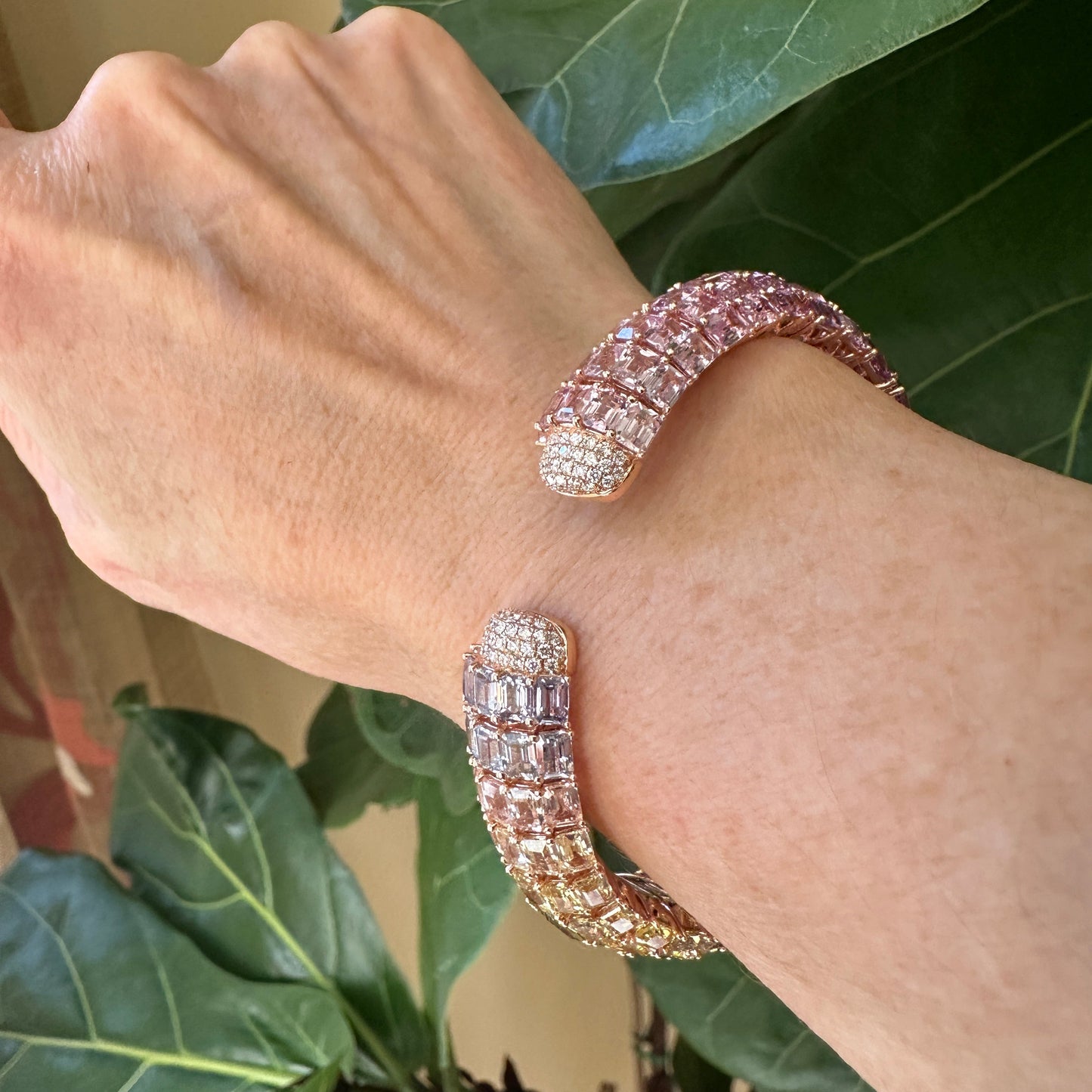 Natural Heated Sapphire & Diamond Gradient Cuff Bracelet | 71.13ct Sapphires | ~1ct Diamonds | 18k Rose Gold | 52.1g