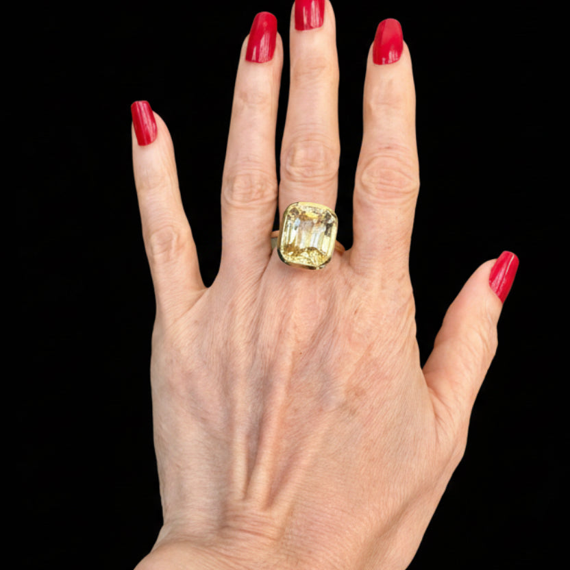 GIA Certified Sri Lanka Yellow Sapphire Ring | 15.32ct Cushion Cut | 18k Yellow Gold Bezel | 10.95g | Size 7