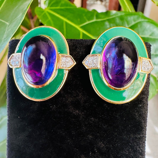 David Webb Estate Cabochon Amethyst, Diamond & Green Enamel Earrings 18k