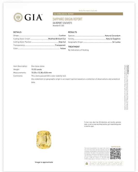 GIA Certified Sri Lanka Yellow Sapphire Ring | 15.32ct Cushion Cut | 18k Yellow Gold Bezel | 10.95g | Size 7