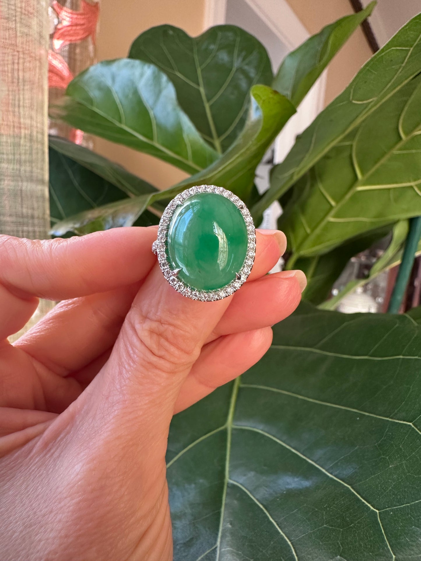 Estate GIA Green Cabochon Jadeite & Diamond Platinum Ring