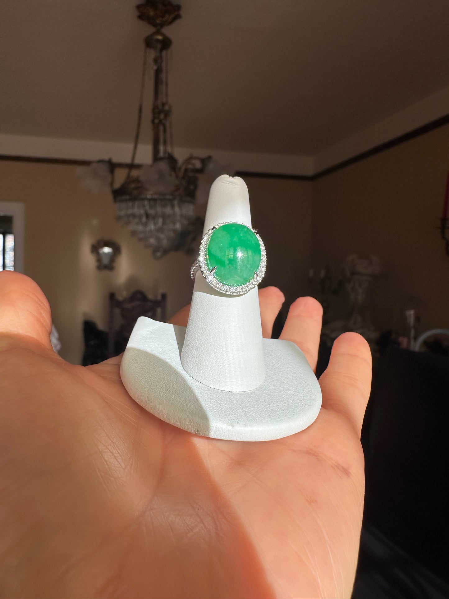 Estate GIA Green Cabochon Jadeite & Diamond Platinum Ring