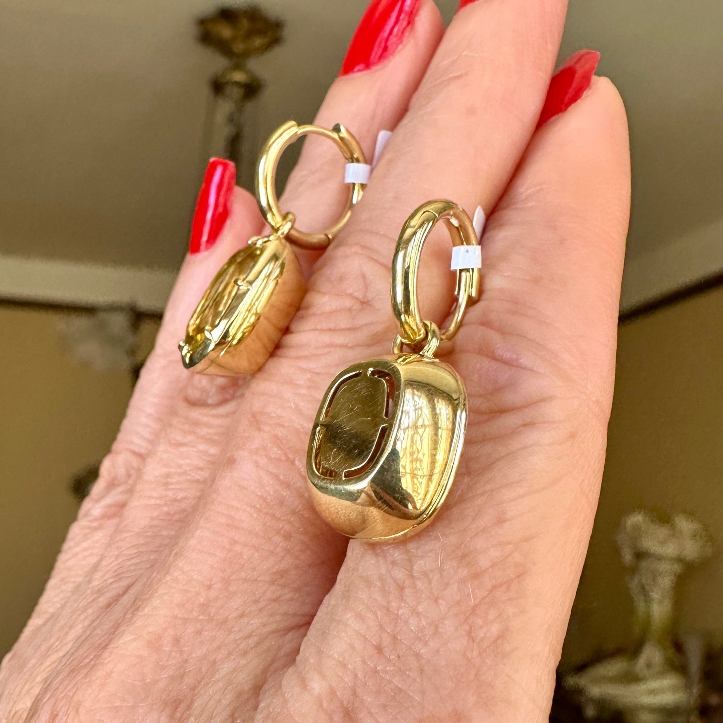 GIA Certified Unheated Sri Lanka Yellow Sapphire Drop Earrings | 21.56ct Cushion Cut | 18k Yellow Gold | 15.44g | 1.25"