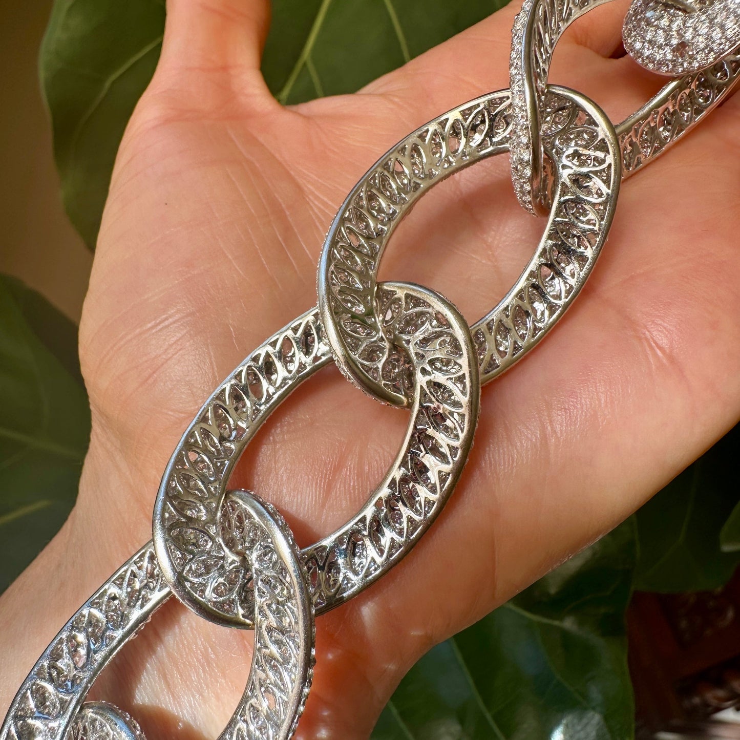 Natural Diamond Jumbo Link Bracelet | 75ct Rose & Brilliant Cut | 18k White Gold | 74.06g | 8.5" | 1.25" Wide