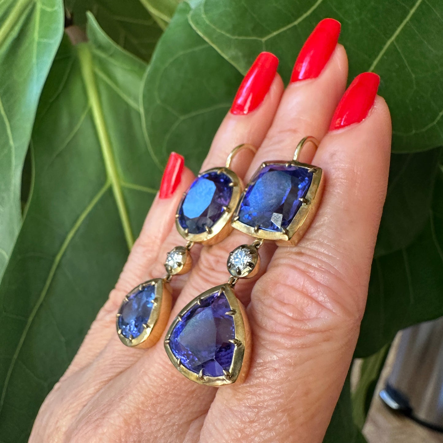 Multi-Cut Tanzanite & Diamond Pendant Earrings | 45.30ct Tanzanite & 0.60ct Diamonds | 18k Yellow Gold | 24.28g | 2"