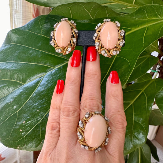 Vintage Natural Angel Skin Coral & Diamond Ring & Earrings 18k