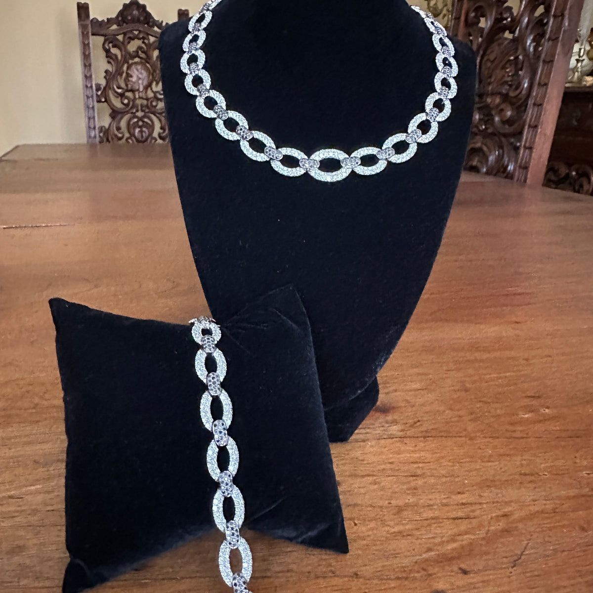 Estate Black & White Pavé Diamond Necklace & Bracelet Set | 18k White Gold | Approx. 23 Carats | 109.3g