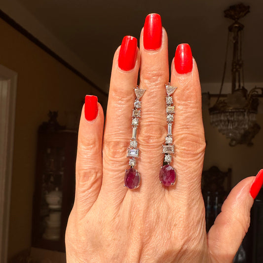 Oval Ruby and Mix Diamonds Dangle Earrings 18k