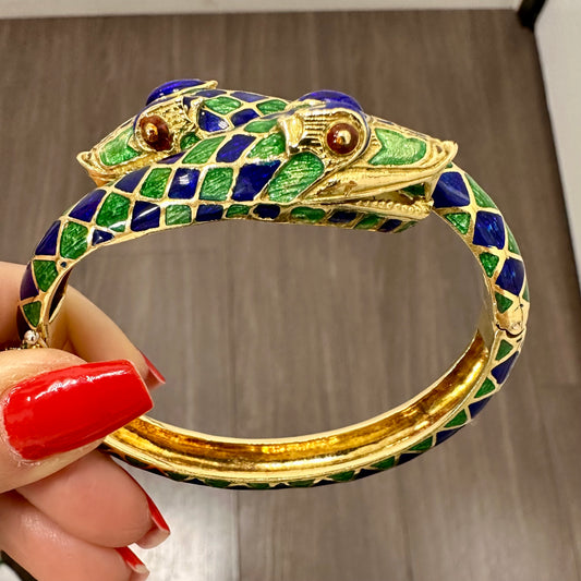 Double Snake Head Enamel & 18k Yellow Gold Bracelet