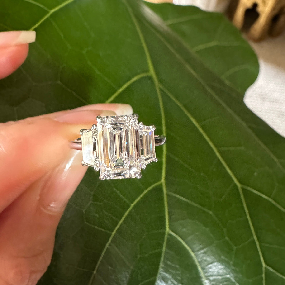 Emerald-Cut Three-Stone Diamond Ring | 900 Platinum | 3.10ct G VS1 Center | 5.3g | Tapered Baguettes