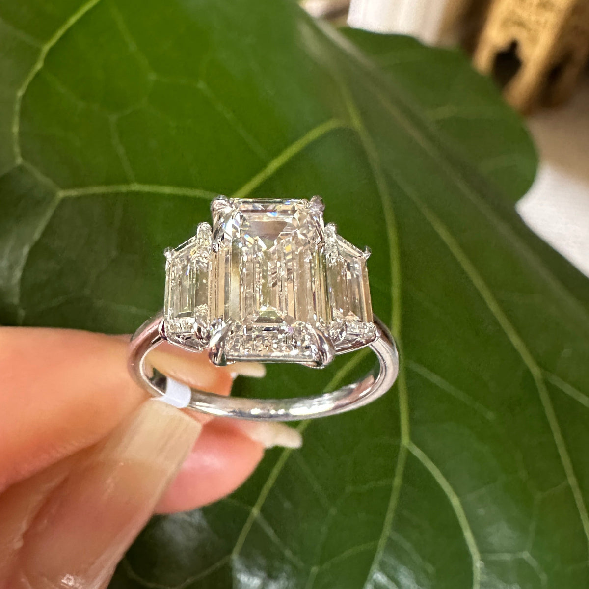Emerald-Cut Three-Stone Diamond Ring | 900 Platinum | 3.10ct G VS1 Center | 5.3g | Tapered Baguettes