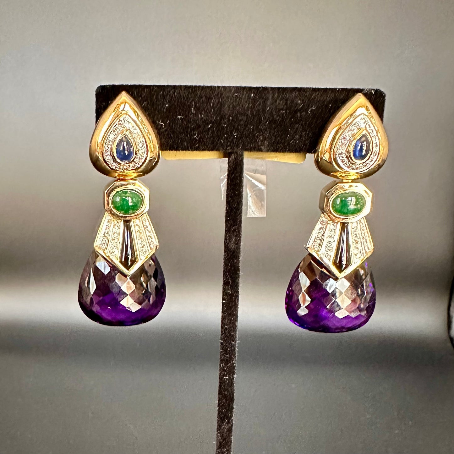 Estate Multi Precious Stone & Diamond Earrings 14k Yellow Gold