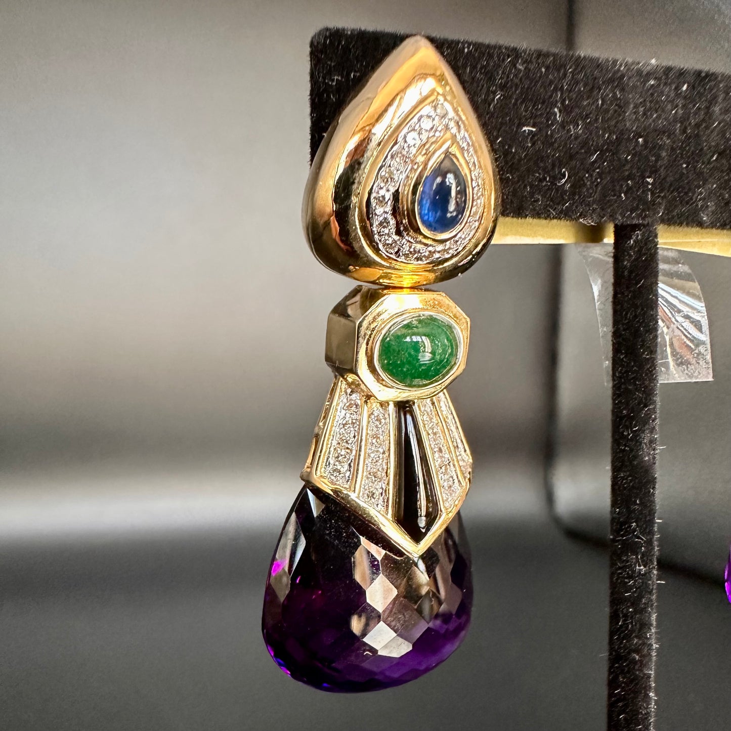 Estate Multi Precious Stone & Diamond Earrings 14k Yellow Gold