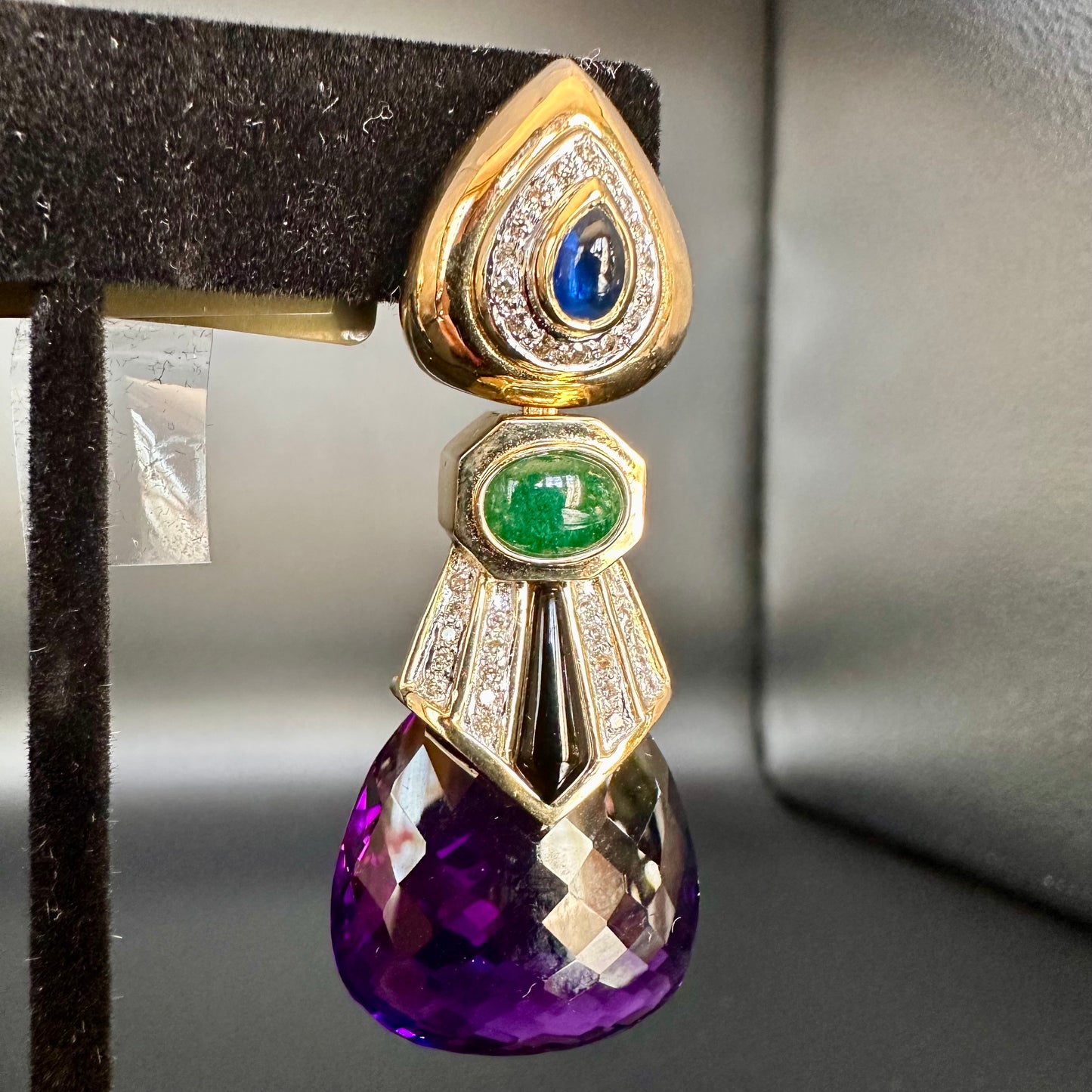 Estate Multi Precious Stone & Diamond Earrings 14k Yellow Gold
