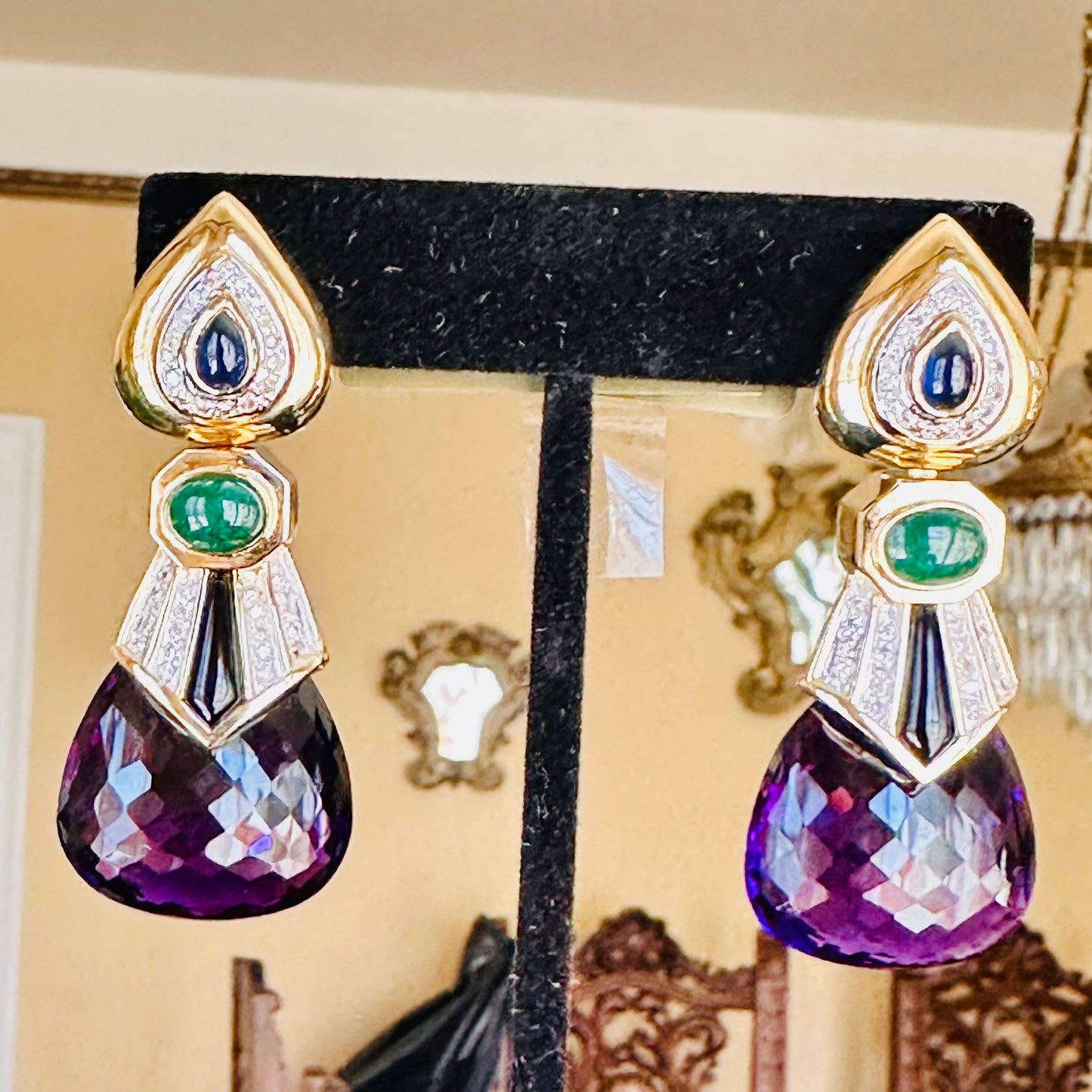 Estate Multi Precious Stone & Diamond Earrings 14k Yellow Gold