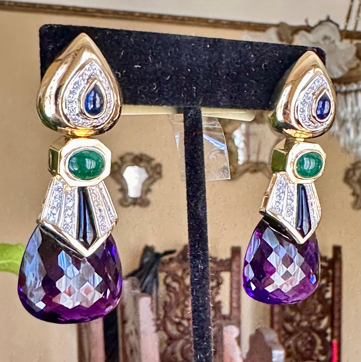 Estate Multi Precious Stone & Diamond Earrings 14k Yellow Gold