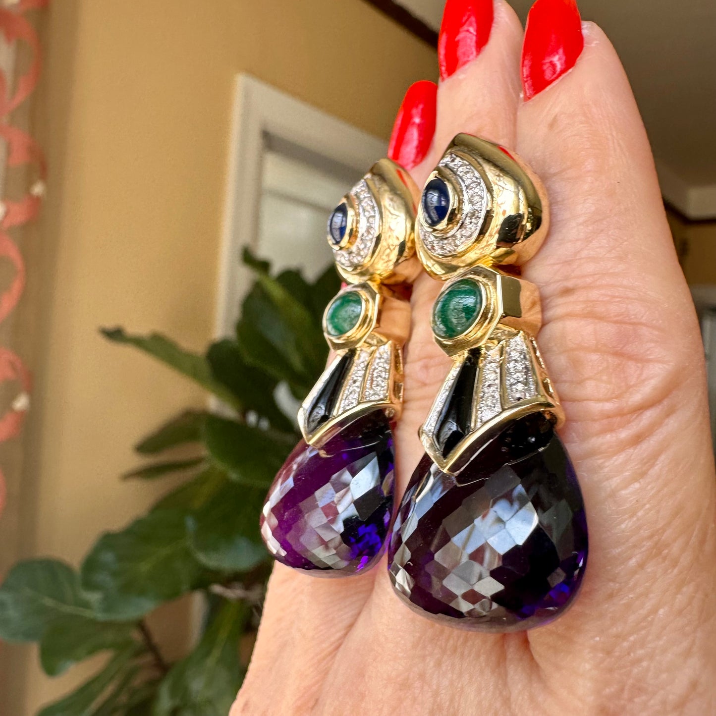 Estate Multi Precious Stone & Diamond Earrings 14k Yellow Gold