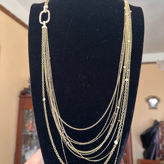 Multi Strand Diamond Necklace 18k Yellow Gold Length 34", Layering Style Necklace