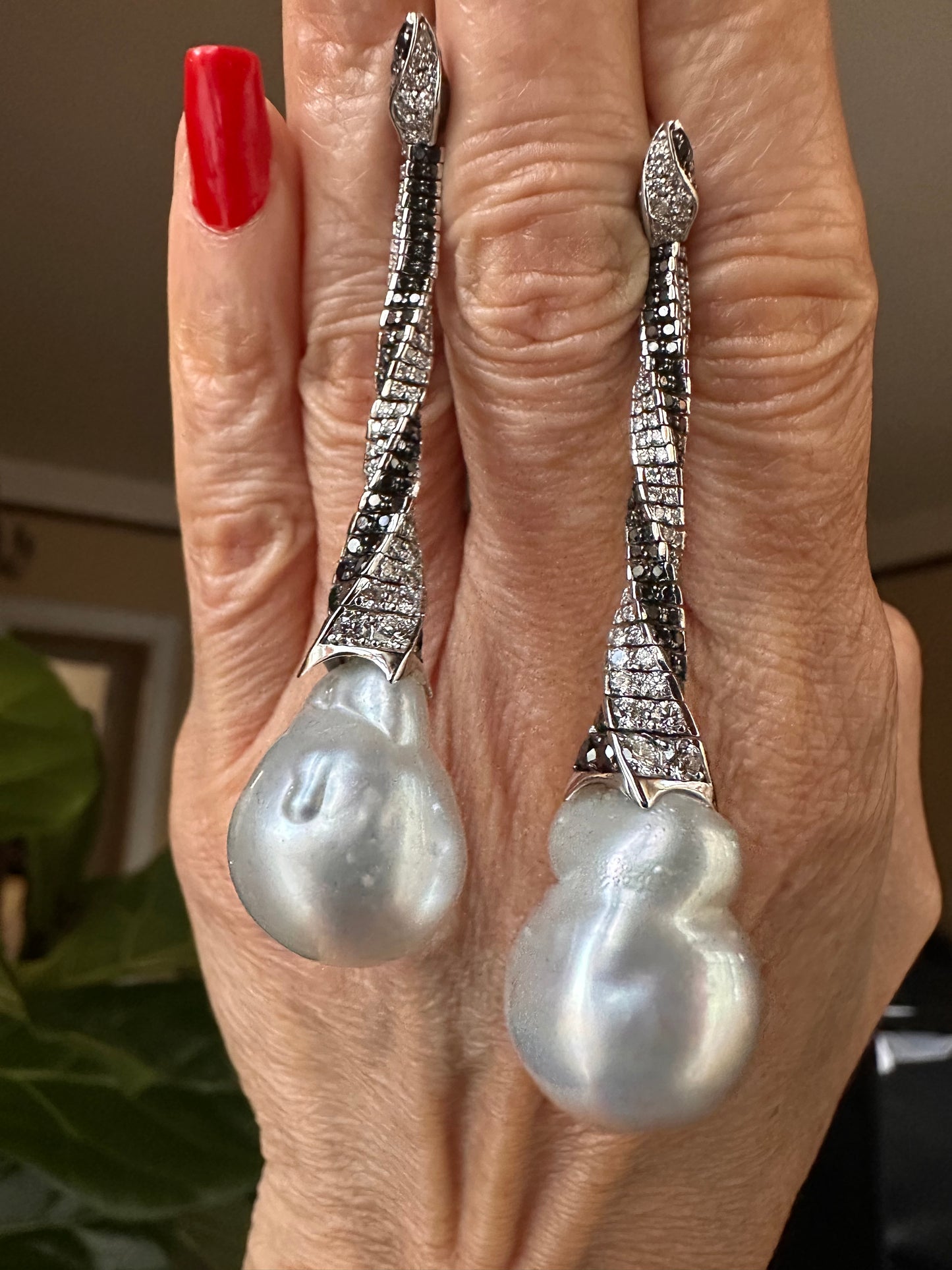 Assael Inc. South Sea Baroque Pearl, White & Black Diamond Earrings 18k