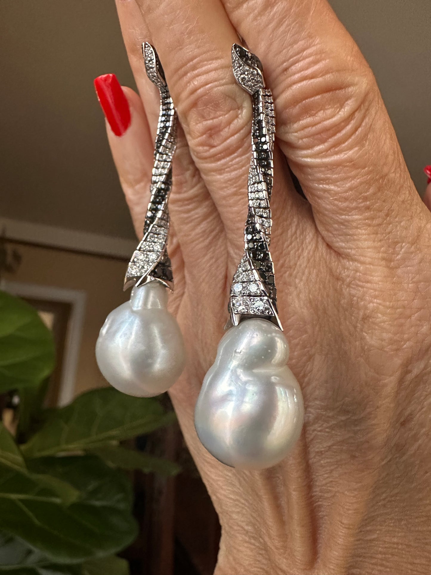 Assael Inc. South Sea Baroque Pearl, White & Black Diamond Earrings 18k