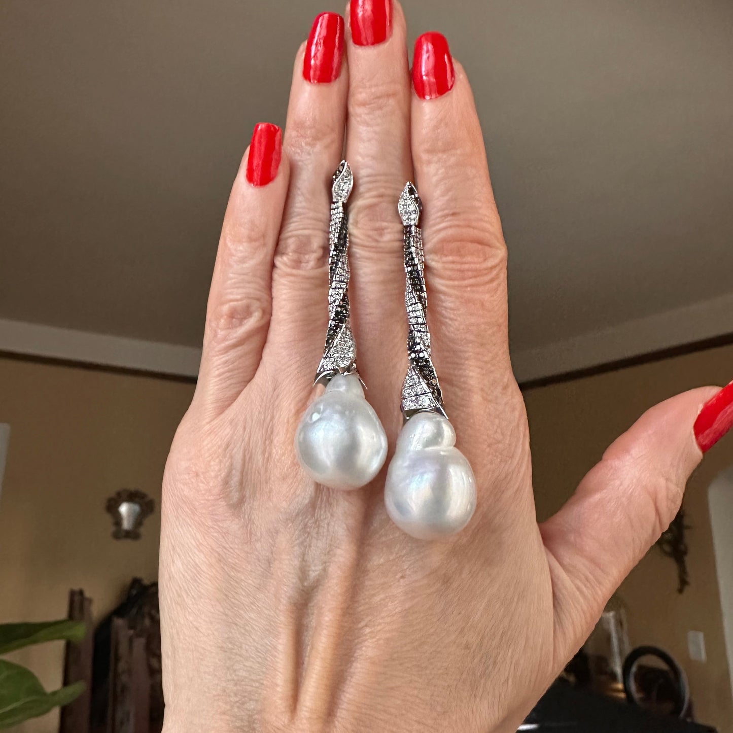 Assael Inc. South Sea Baroque Pearl, White & Black Diamond Earrings 18k