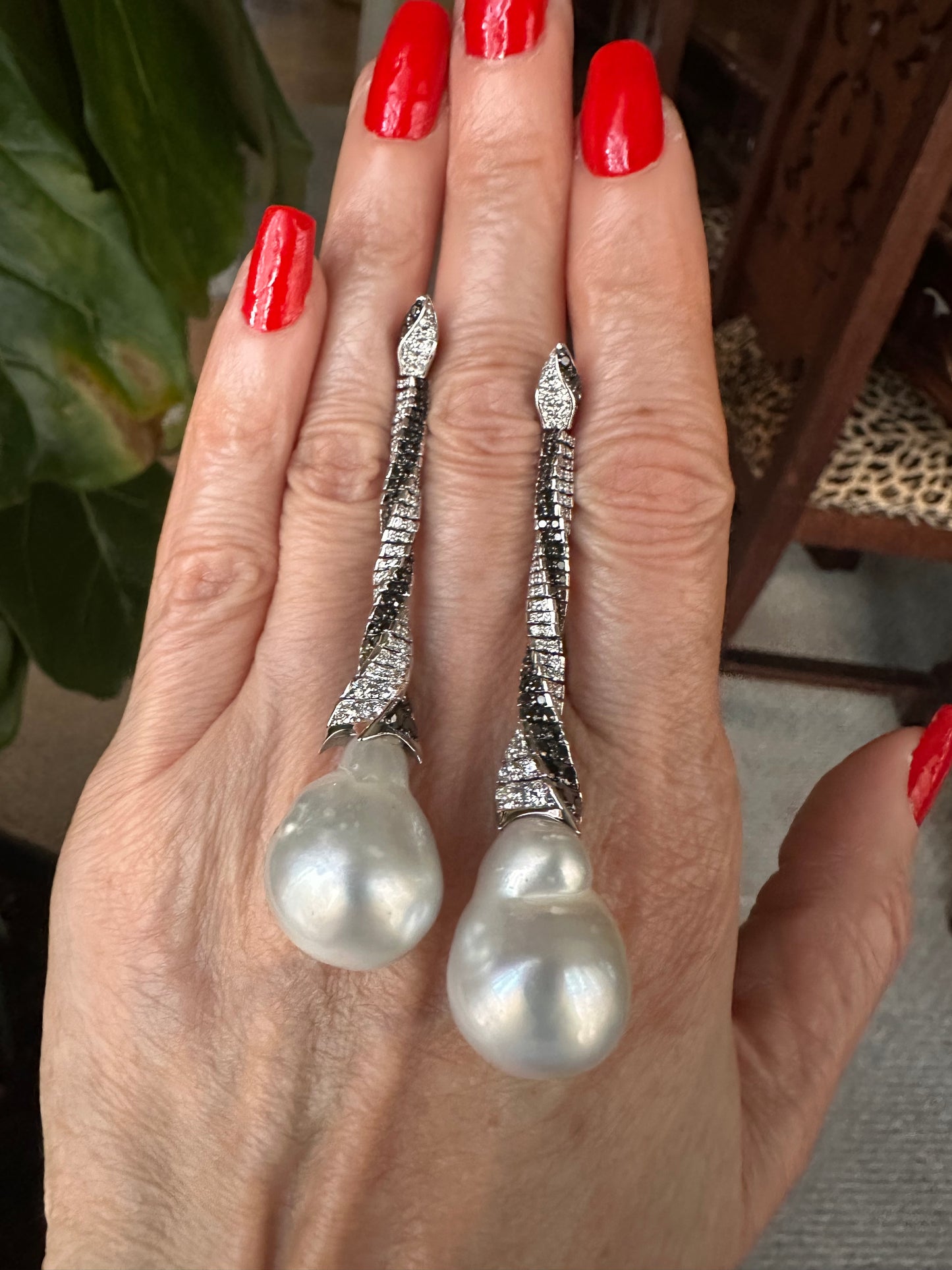 Assael Inc. South Sea Baroque Pearl, White & Black Diamond Earrings 18k