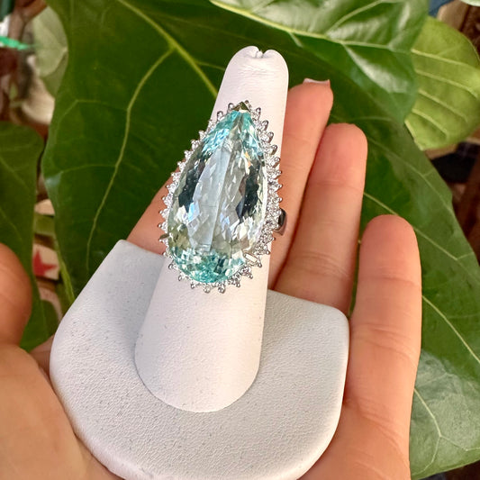 Pear Shape Aqua Marine Diamond Halo Platinum Ring, Cocktail Ring Platinum