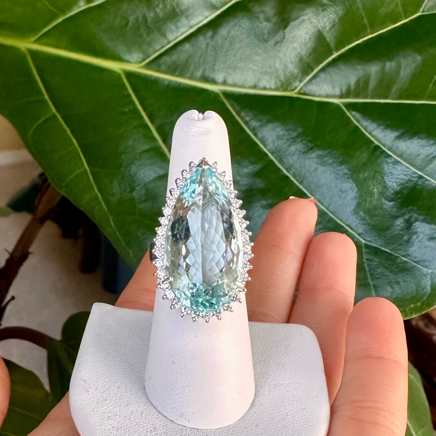 Pear Shape Aqua Marine Diamond Halo Platinum Ring, Cocktail Ring Platinum