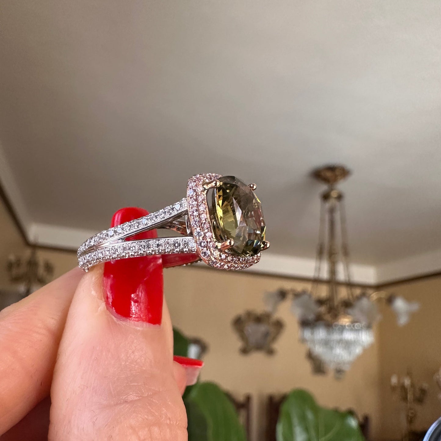 Color Changing Alexandrite Cushion Cut White & Pink Diamond Ring 18k