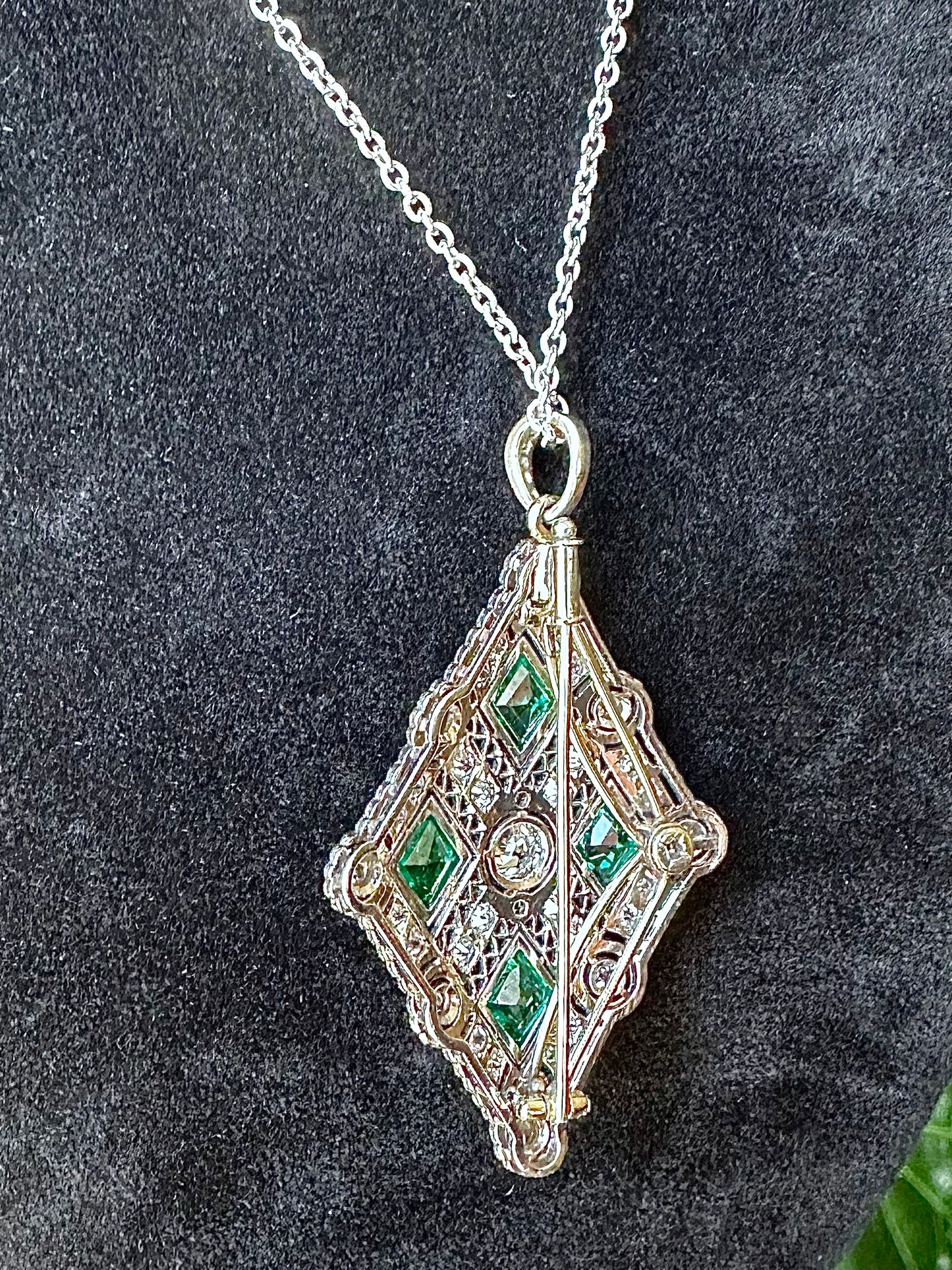 Old European Cut Diamonds & High Quality Emeralds Pendent / Pin & Necklace