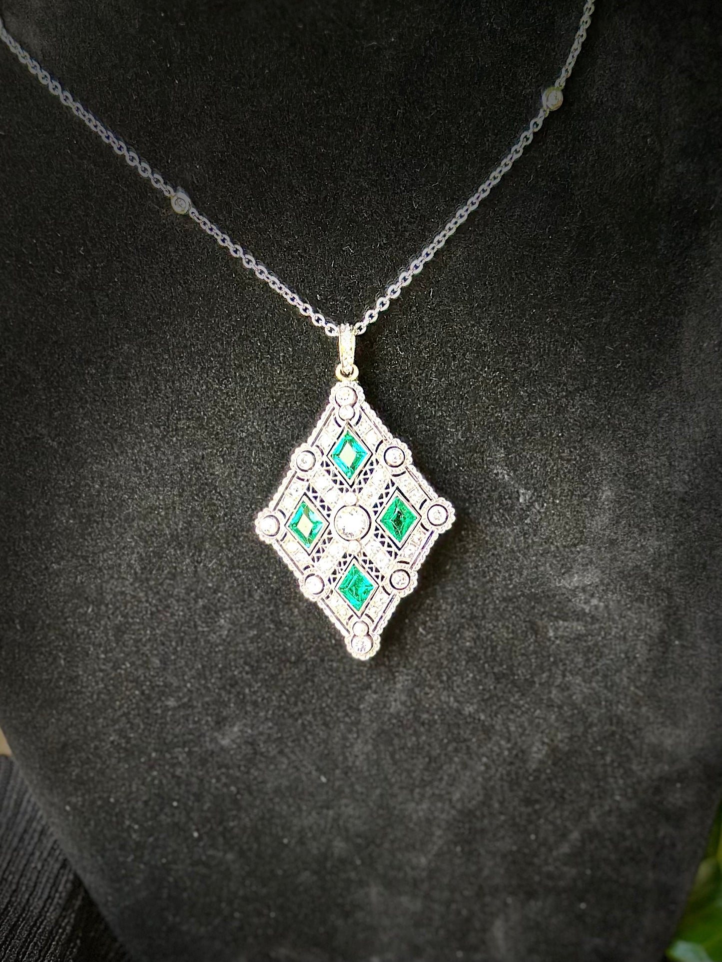 Old European Cut Diamonds & High Quality Emeralds Pendent / Pin & Necklace