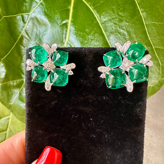 Columbian Emerald Cabochon Multi Shape Diamond Earrings 18k