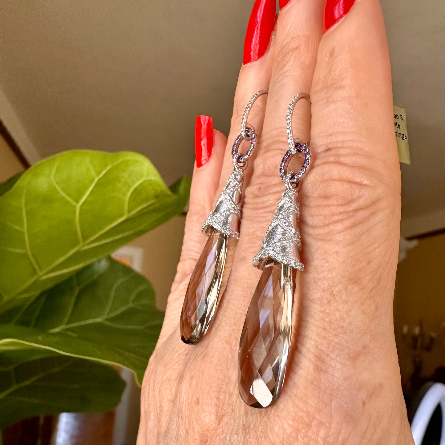Smokey Topaz & Diamond Drop/Dangle Cocktail Earrings 18k White Gold