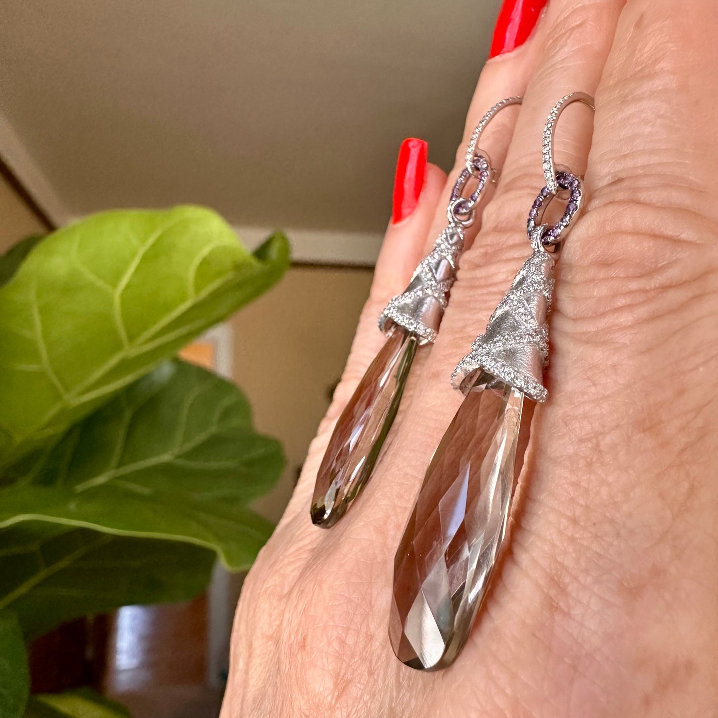 Smokey Topaz & Diamond Drop/Dangle Cocktail Earrings 18k White Gold