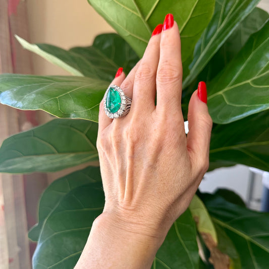 Pear Shape Cabochon Emerald Diamond Halo Ring 18k White Gold