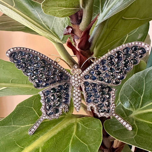 Sapphire & Diamond Butterfly Brooch 18k/Silver, Vintage Butterfly Pin 18k/Silver