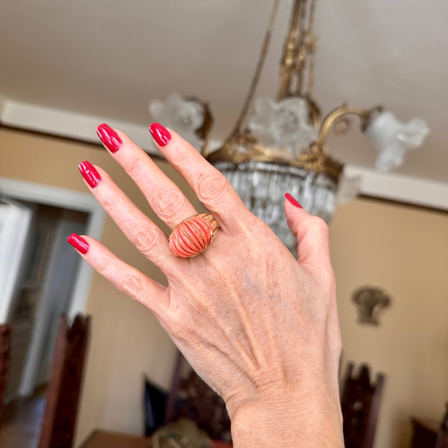 Estate 18k Carved Coral & Yellow Gold Ring, Coral & Gold 18k Ring
