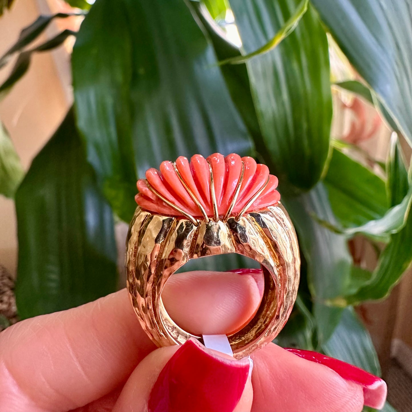 Estate 18k Carved Coral & Yellow Gold Ring, Coral & Gold 18k Ring