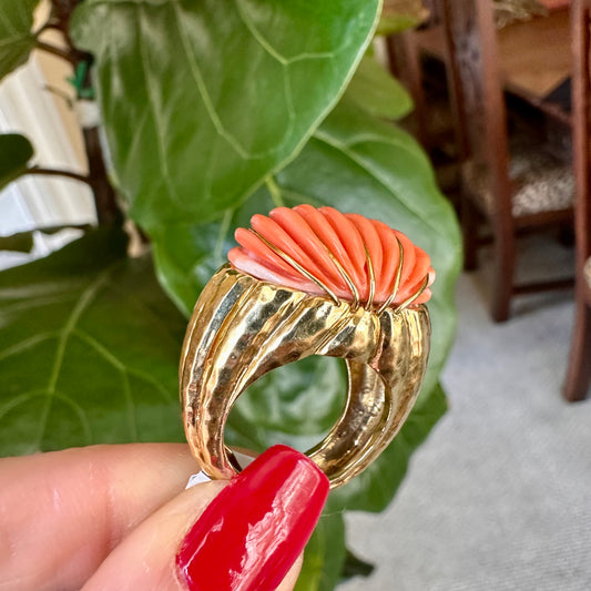 Estate 18k Carved Coral & Yellow Gold Ring, Coral & Gold 18k Ring
