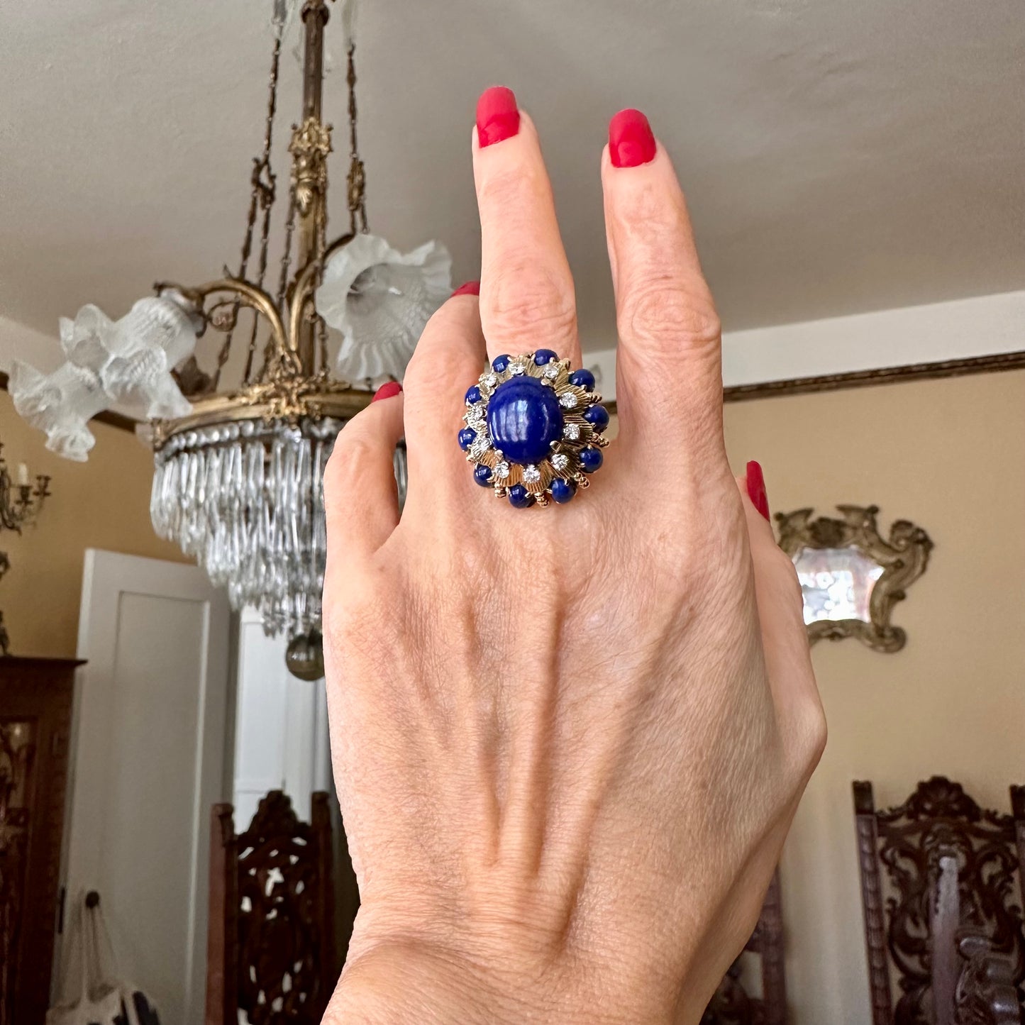 Retro 14k Lapis & Diamond Yellow Gold Ring, Vintage Lapis & Diamond 18k Ring