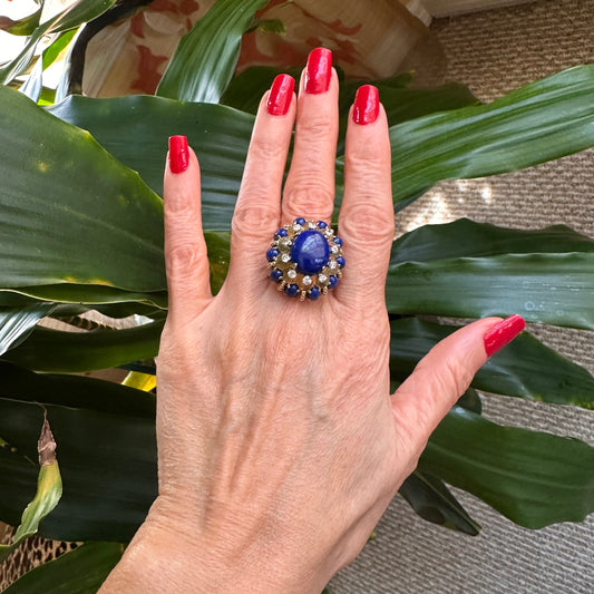 Retro 14k Lapis & Diamond Yellow Gold Ring, Vintage Lapis & Diamond 18k Ring