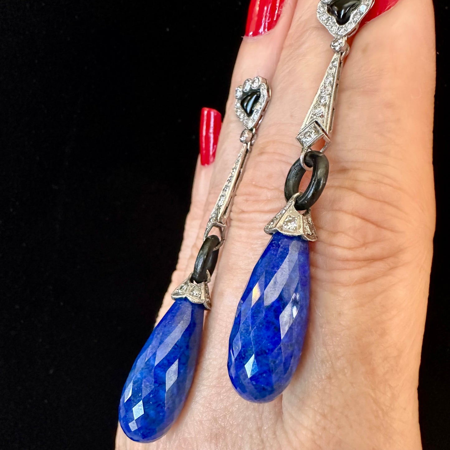 Art Deco Lapis, Onyx & Diamond Drop Platinum Earrings