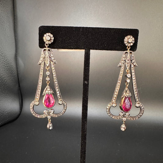 Rare Edwardian Diamond and Tourmaline Earrings Platinum 18k
