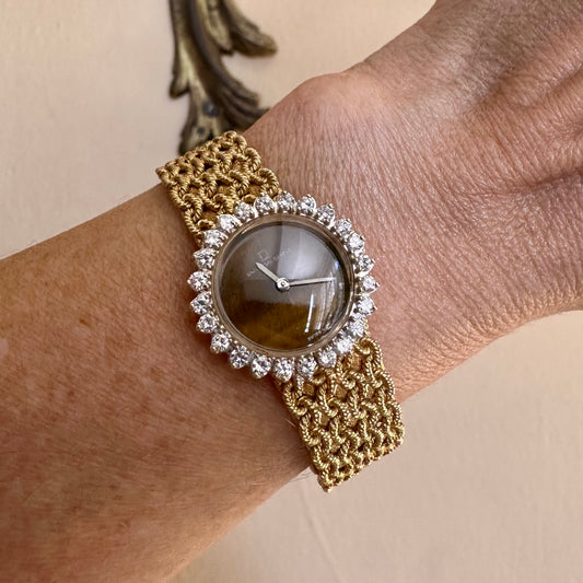 Vintage Universal Geneve 18k Gold Tiger Eye & Diamond Watch