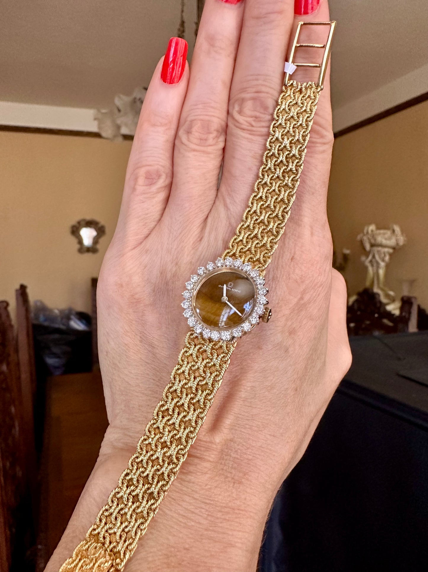 Vintage Universal Geneve 18k Gold Tiger Eye & Diamond Watch