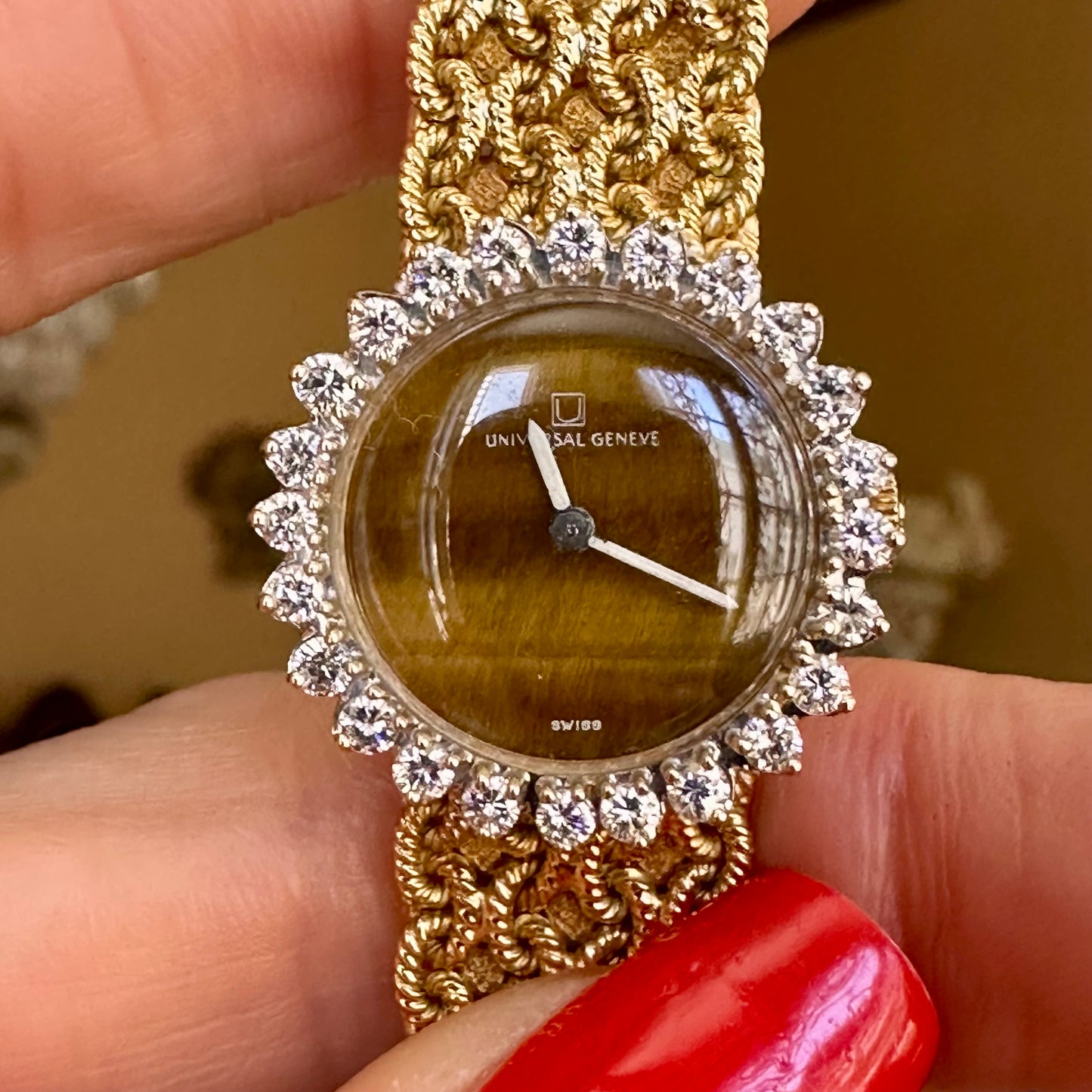 Vintage Universal Geneve 18k Gold Tiger Eye & Diamond Watch