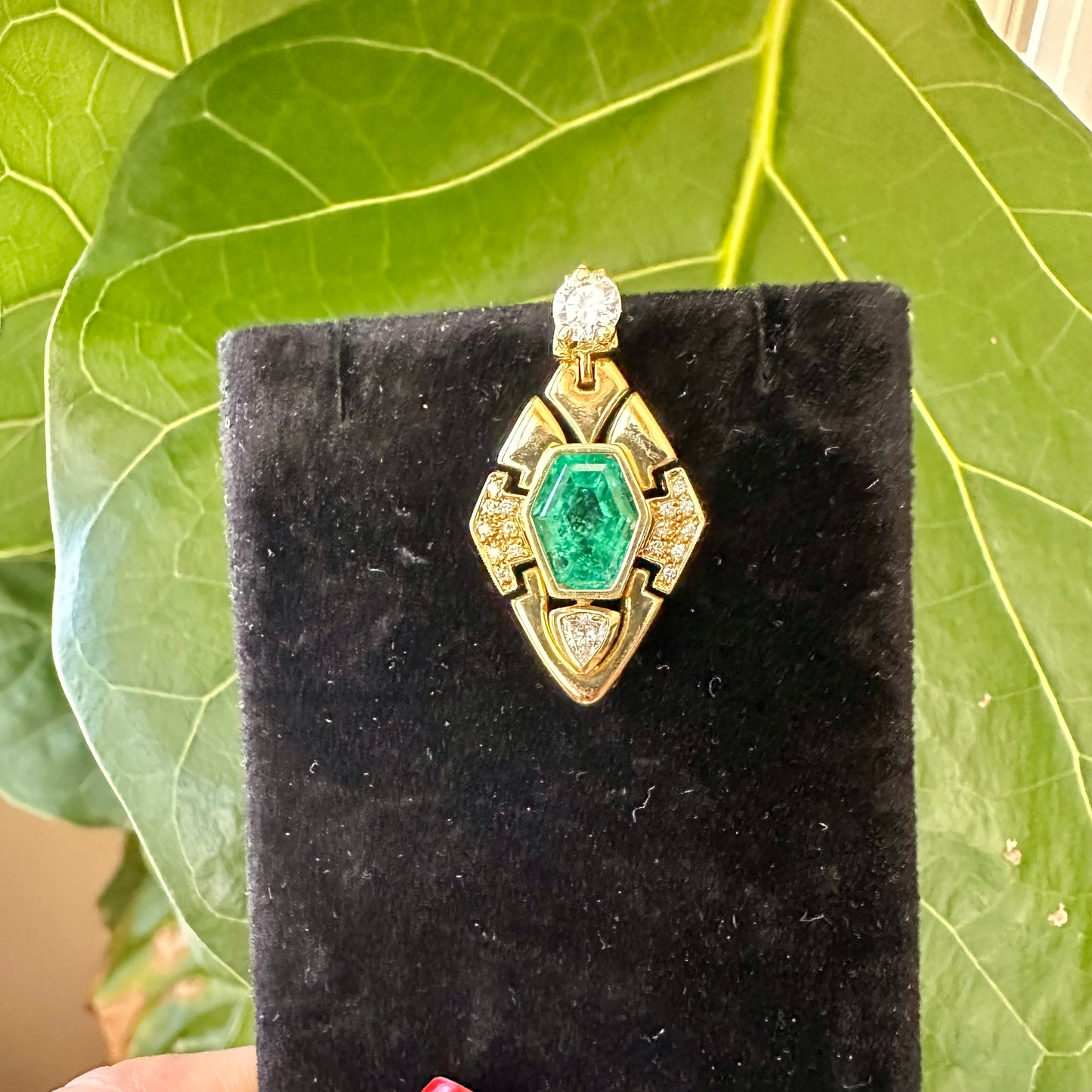 GIA Certified Hexagonal Emerald F1 & Diamond 18k Yellow Gold Pendant