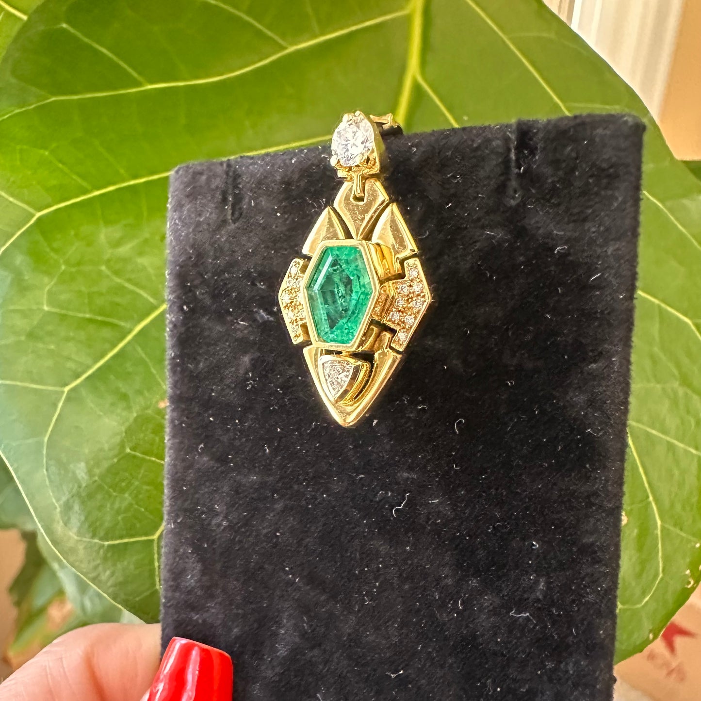 GIA Certified Hexagonal Emerald F1 & Diamond 18k Yellow Gold Pendant