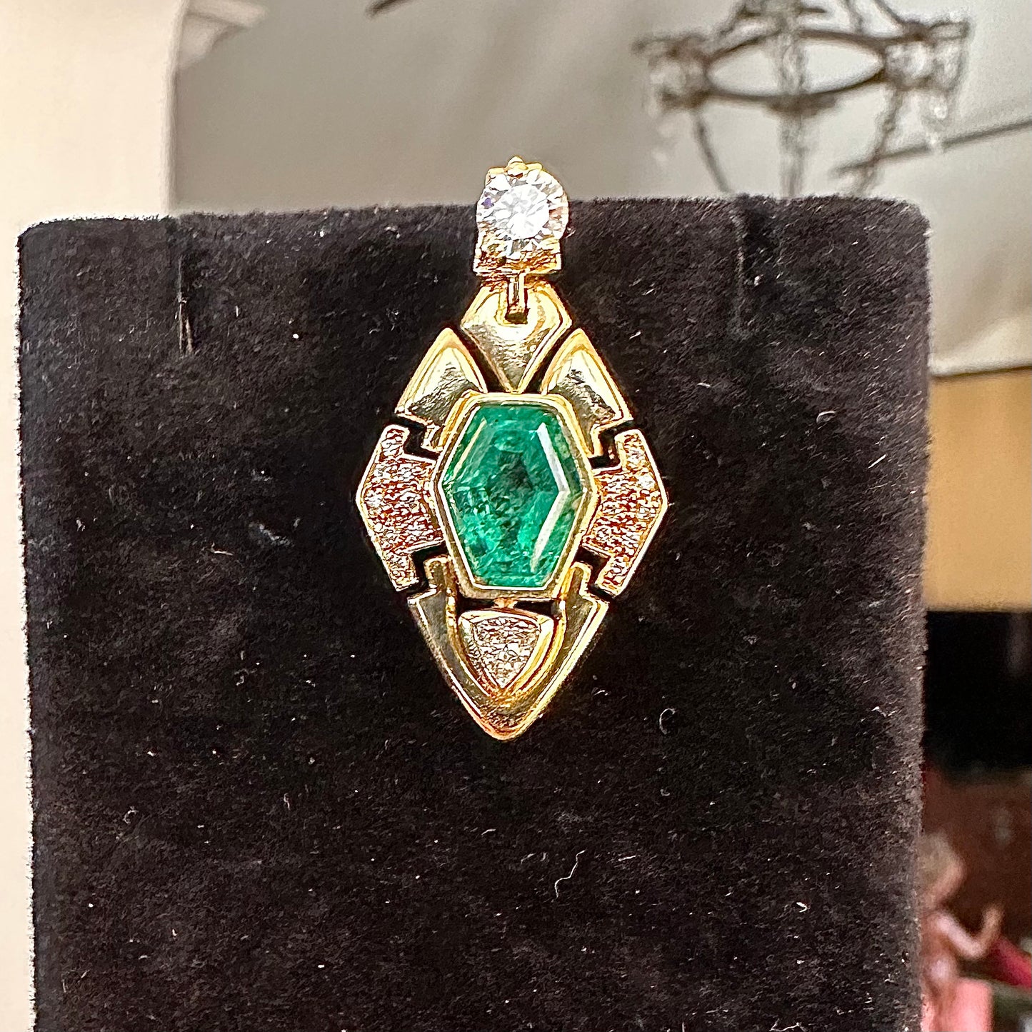 GIA Certified Hexagonal Emerald F1 & Diamond 18k Yellow Gold Pendant